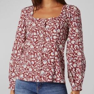 NEW Joie Cotton Poplin Square Neckline Button Up Blouse Floral Print Large